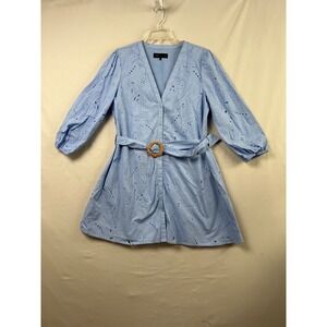 Zara Eyelet Mini Dress Women L Blue Cottage Belted Button Up Cotton 3/4 Sleeve